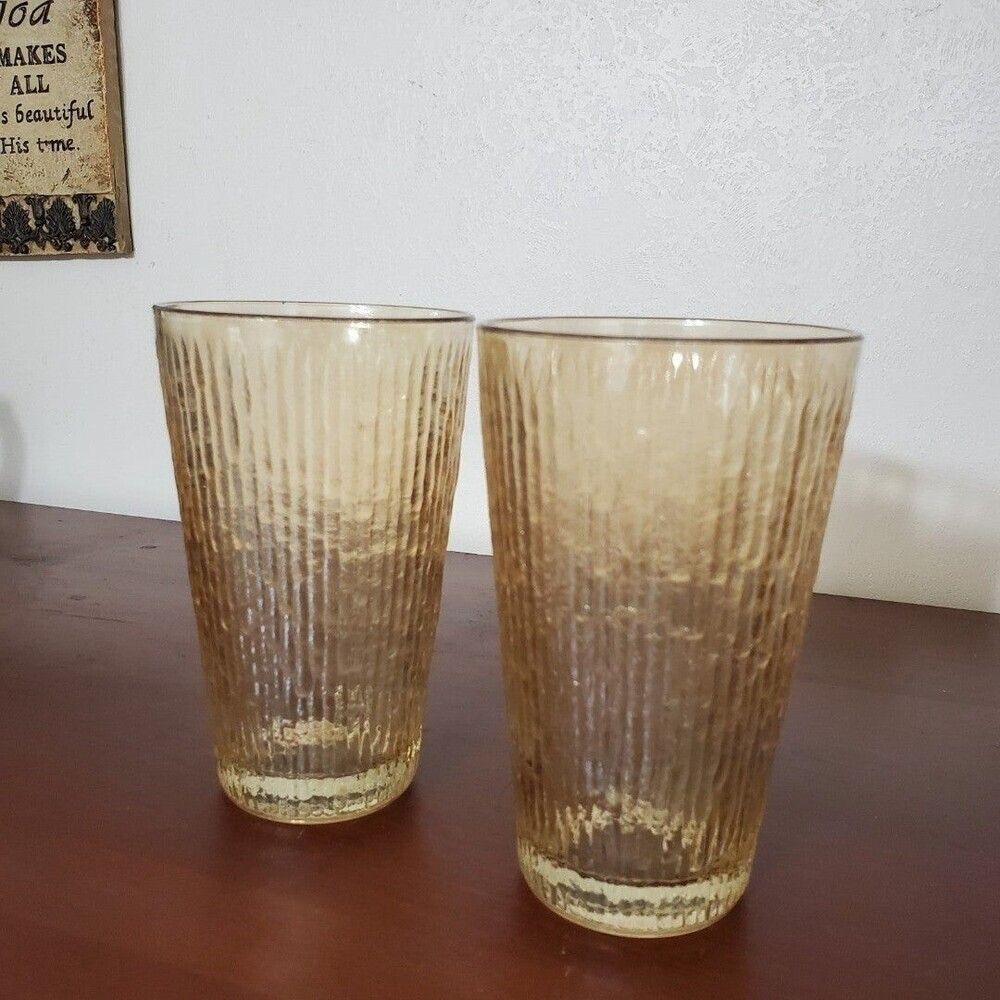 Vintage Jeannette Tree Bark Variant Ribbed Tumbler 5" Set of 2